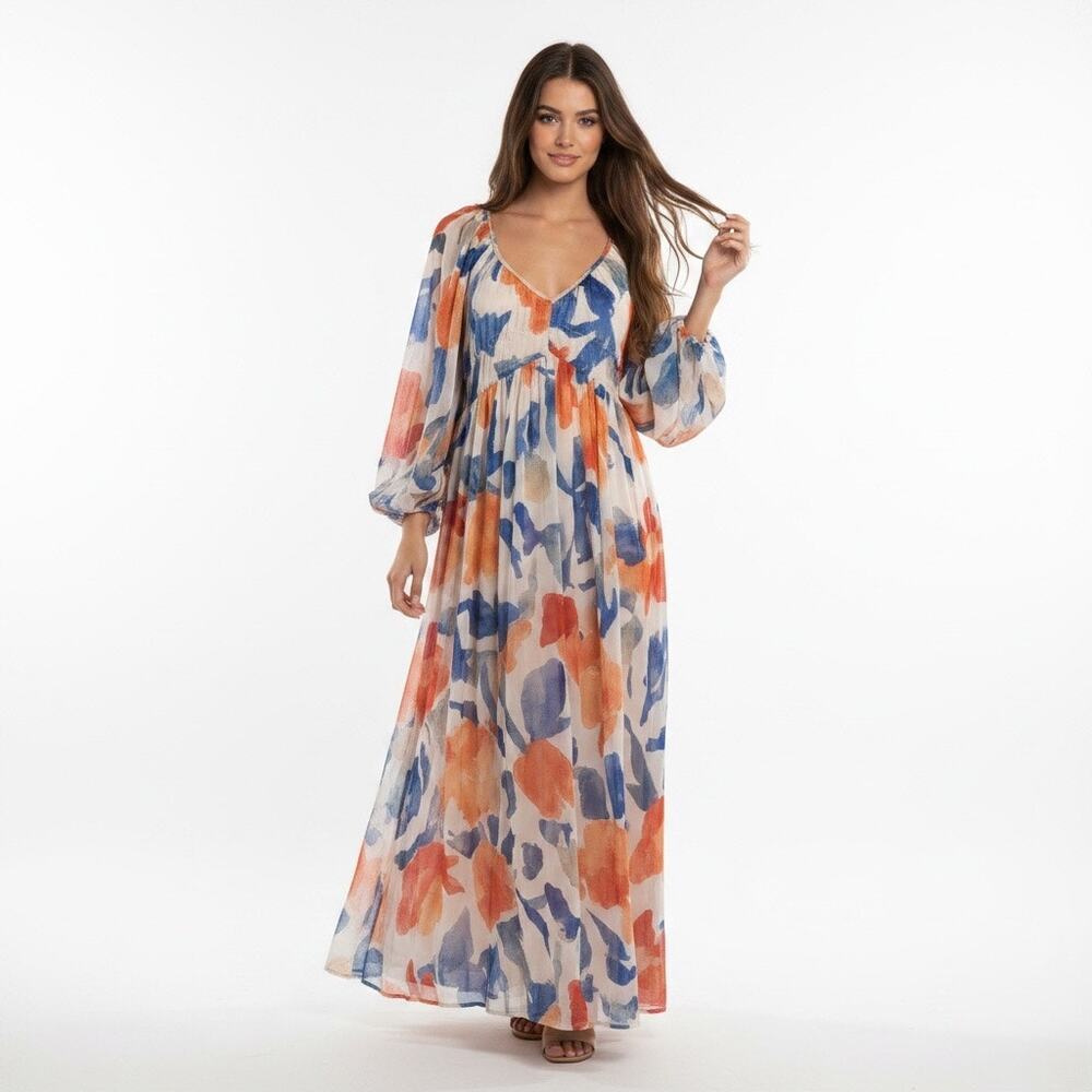 Sheer Watercolor Long Balloon Sleeve Maxi Dress Small Cover Up Resort Summer
